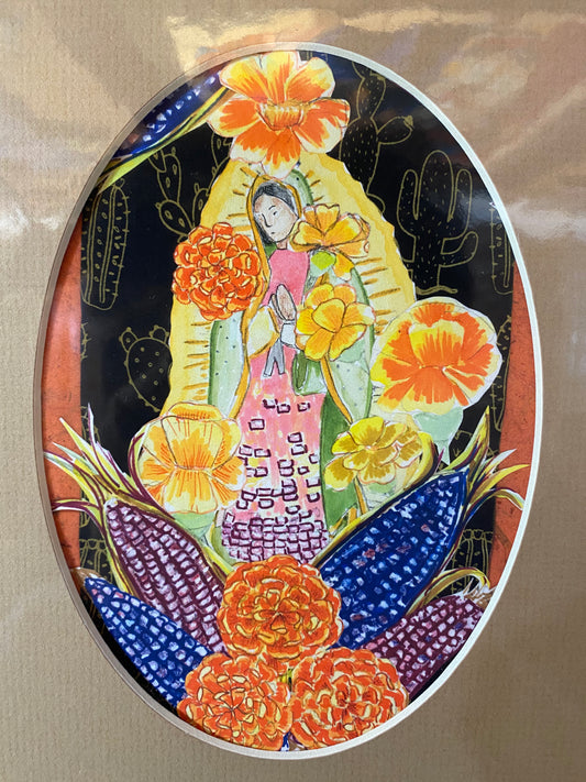 Original Art Print Multi-colored  Virgen de Guadalupe Tonantzin, 5" x 7" Matted