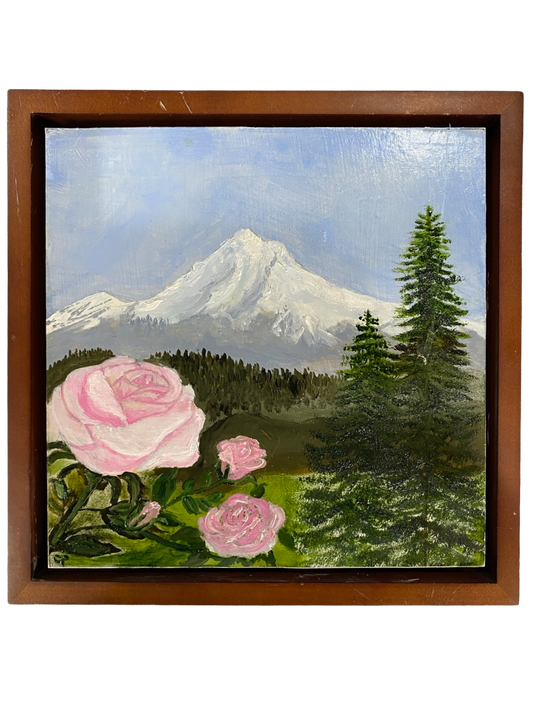 Original Art Mt Hood Rose Framed Oil on Wood Panel 8x8