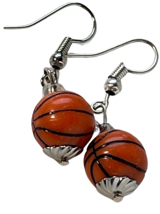 Earrings Dangle Orange Black Silver Resin Basketball Silver Bead Caps 10 mm Bead 1 Inch Long from Sylvia Leroux