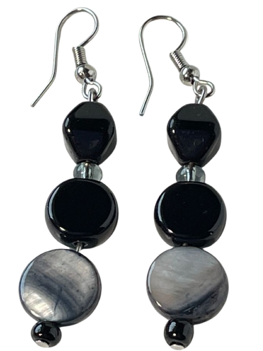 Earrings Dangle Black Silver Long Black Glass Beads Silver Shell Beads 2 Inch Long from Sylvia Leroux