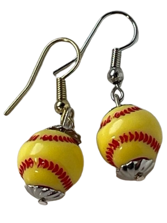 Earrings Dangle Softball Yellow Red Silver Yellow 10 mm Bead 1 Inch Long from Sylvia Leroux