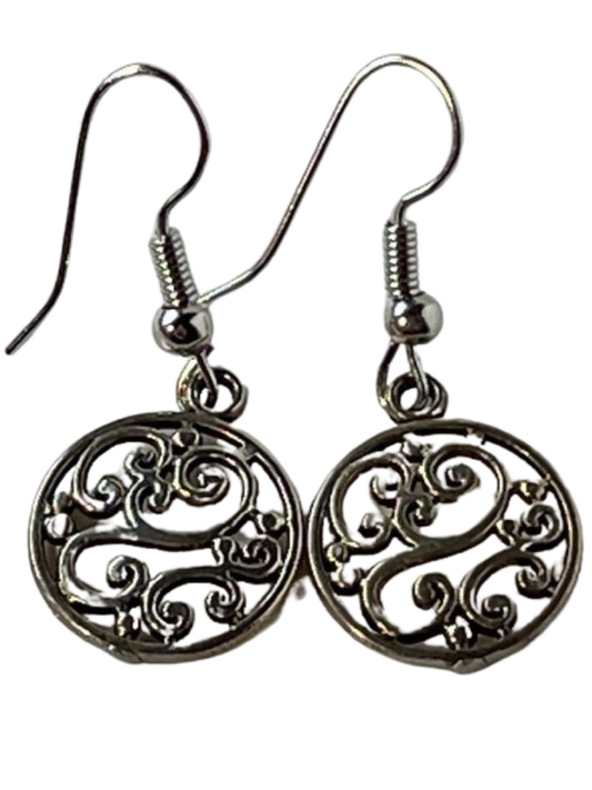 Earrings Dangle Cut Out Design Silver Alloy Round1 Inch Long from Sylvia Leroux