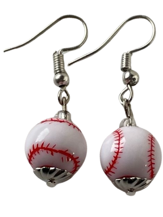 Earrings Dangle Baseball Red Resin Silver Bead Caps 10 mm bead 1 Inch Long from Sylvia Leroux
