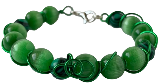 Bracelet Green Tiger Eye Glass 8mm Beads Green Aluminum Wire Accent 6.5 Inch from Sylvia Leroux