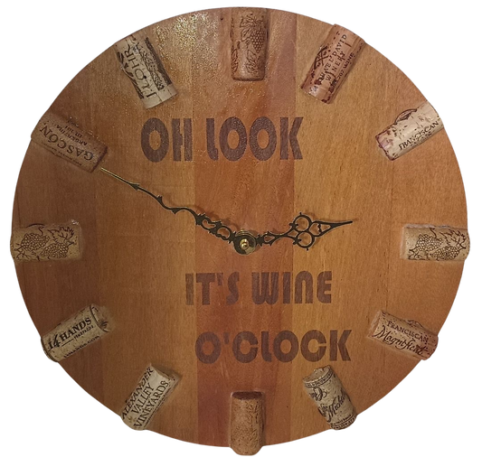 Wall Clock "Oh Look It's Wine o'Clock" Light Mahogany Wood Lasered 12 inches in diameter