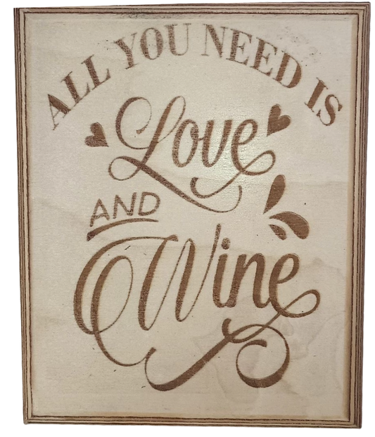 Plaque "Love and Wine" Maple Wood Lasered 7x8 inches