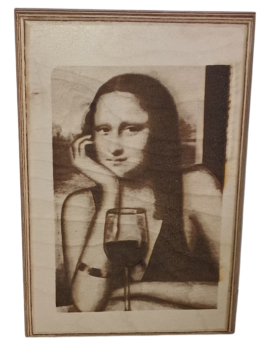 Plaque "Mona Lisa" Wine Glass Maple Wood Lasered 7x10 inches