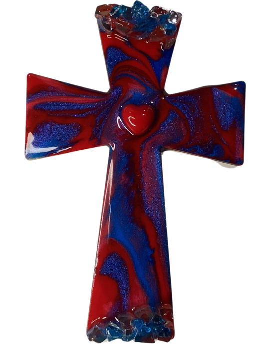 Cross Magnet Resin Red Blue Wood Backing 6x4