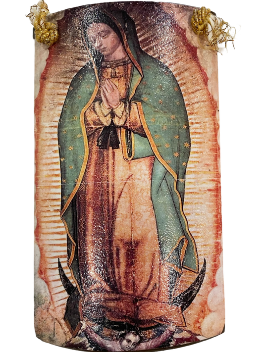 Virgin Guadalupe Image on Spanish Style Curved Clay Roof Tile Wall Art 7x5