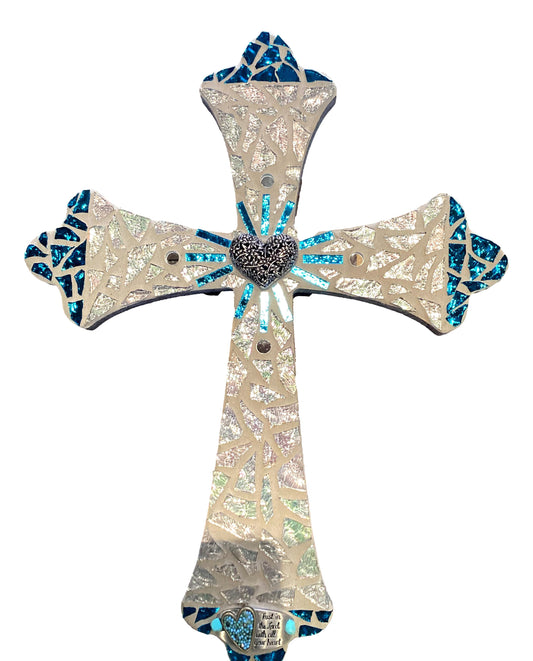 Cross Mosaic Wood Cross In Silver And Turquoise Trust In The Lord 15X12