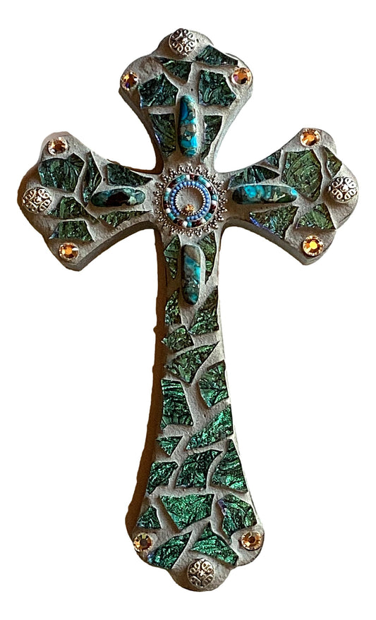 Cross Mosaic Wood Cross In Silver & Turquoise Small 8X5
