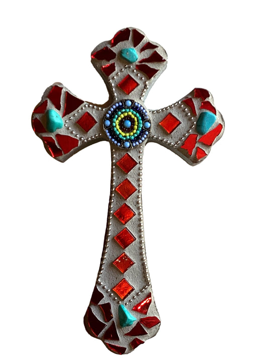 Cross Mosaic Wood Cross In Red With Turquoise Stones Southwest Middle 8X5