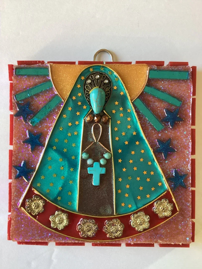 Resin Virgin Artwork on Wood with Flowers & Turquoise – Original Art 5x5