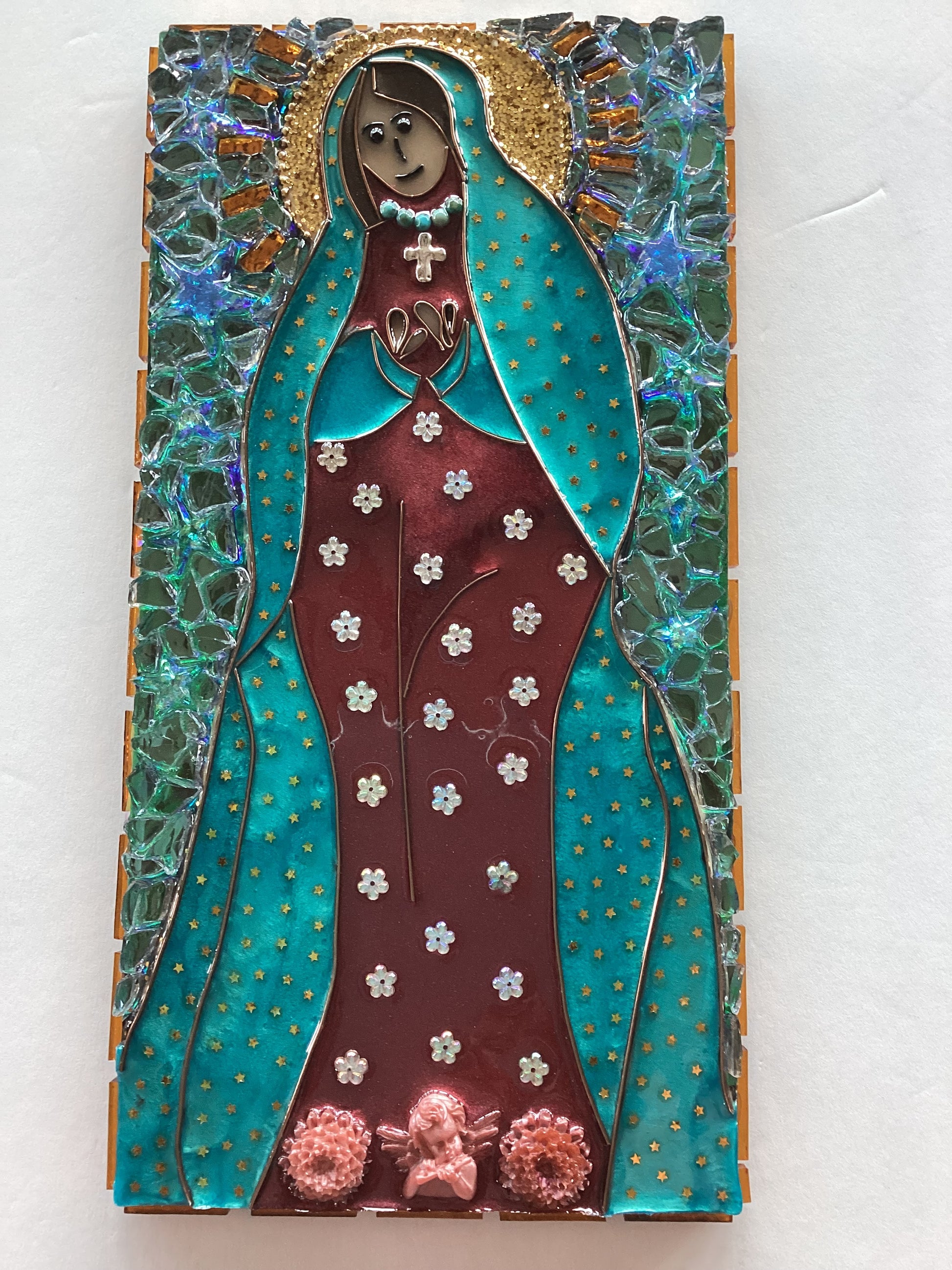 Virgin with Angel resin wood plaque, 12x16 inches, Catholic Christian devotional gift by Brigitte Rosson, featuring religious imagery.
