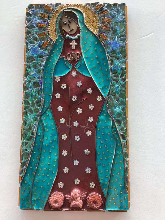 Virgin with Angel resin wood plaque, 12x16 inches, Catholic Christian devotional gift by Brigitte Rosson, featuring religious imagery.
