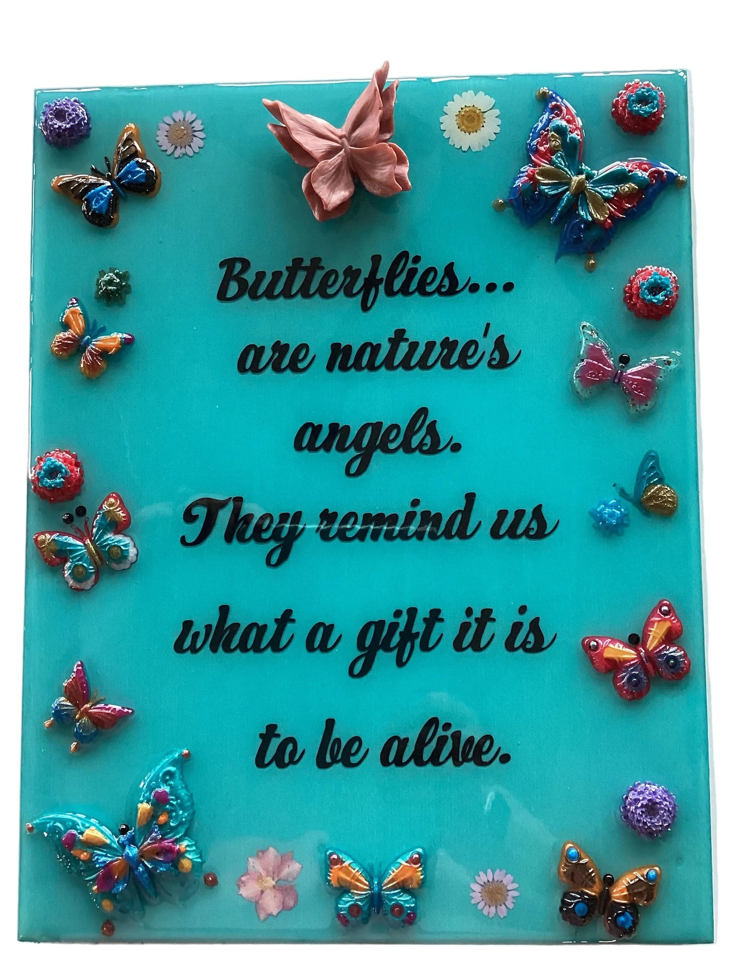Butterfly resin dried flower wood plaque measuring 14x11 inches, Catholic Christian devotional gift by Brigitte Rosson.