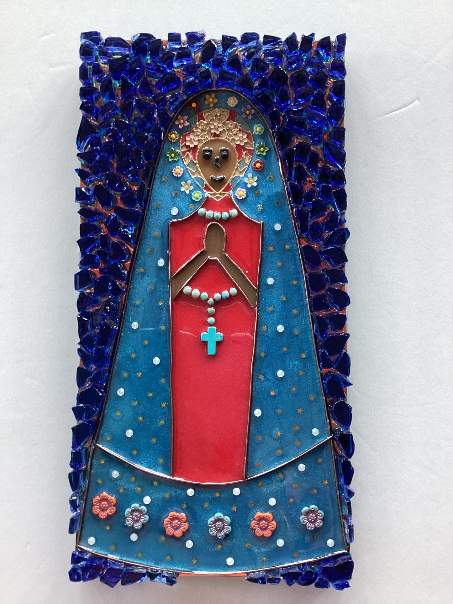 Madonna resin floral wood plaque, 12x16 inches, Catholic Christian devotional wall decor by Brigitte Rosson.