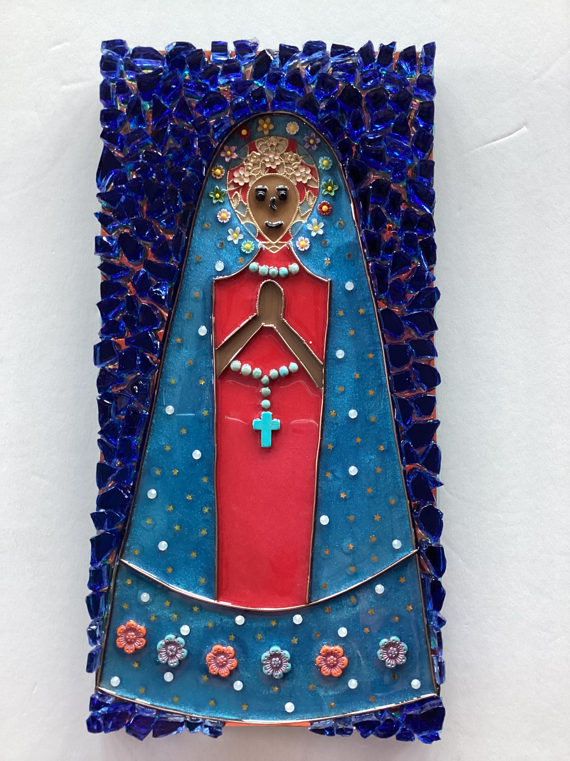 Madonna resin floral wood plaque, 12x16 inches, Catholic Christian devotional wall decor by Brigitte Rosson.
