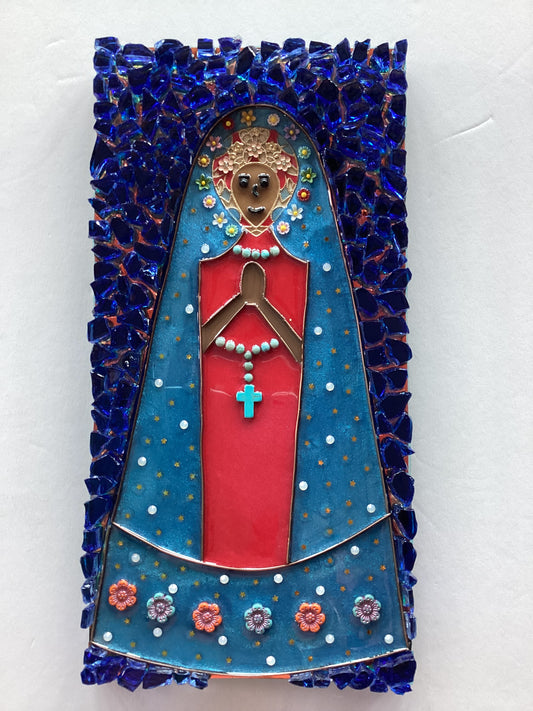 Madonna resin floral wood plaque, 12x16 inches, Catholic Christian devotional wall decor by Brigitte Rosson.