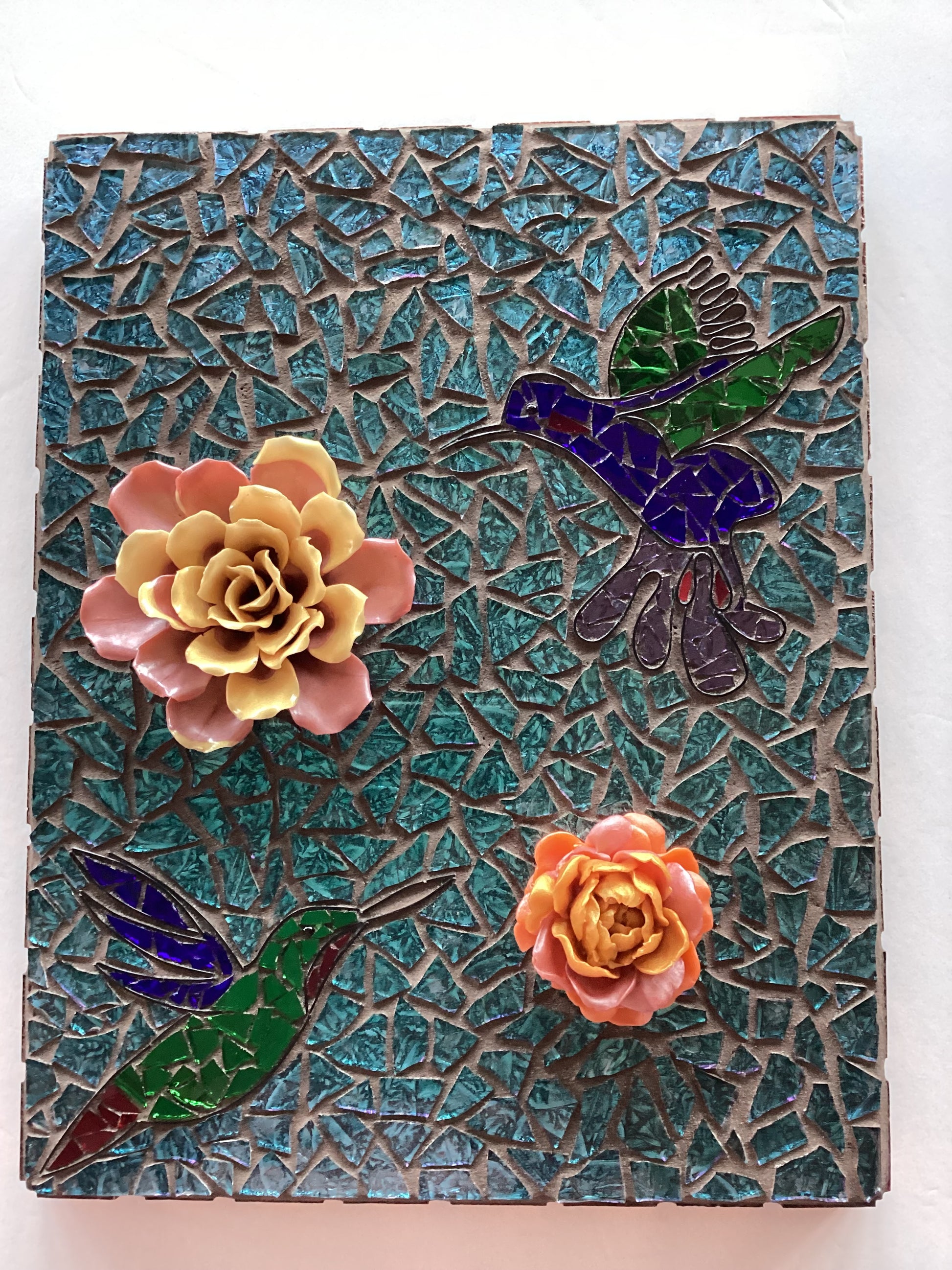 Decorative 14x11 inch glass mosaic wood plaque featuring dual hummingbirds, Catholic Christian devotional gift by Brigitte Rosson.