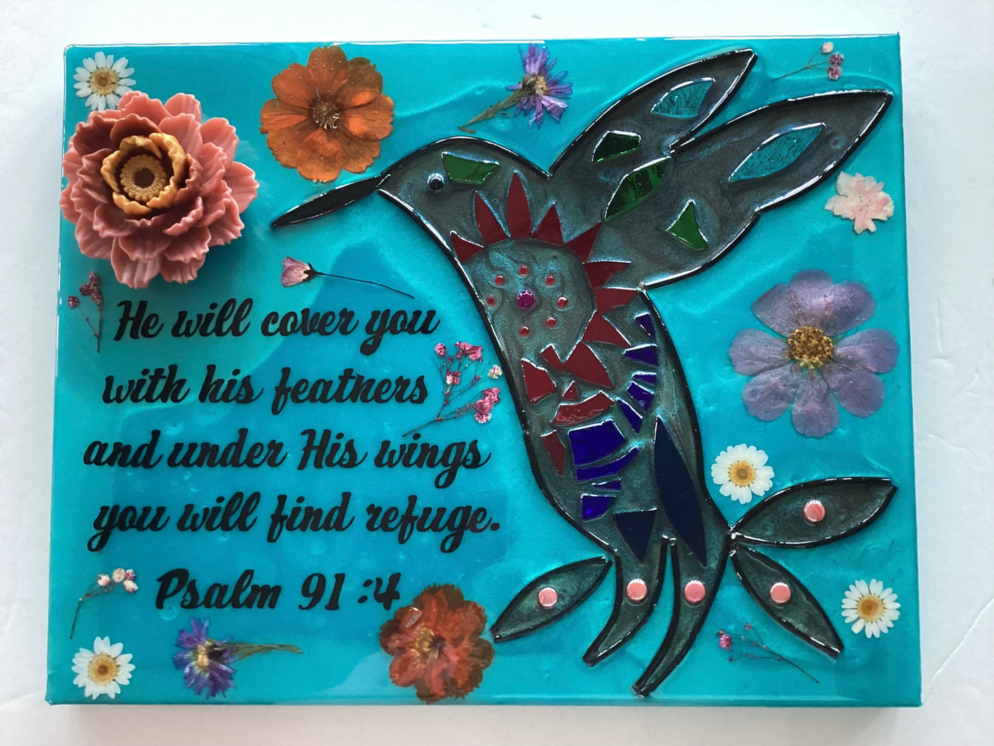 Hummingbird resin and glass floral plaque, 14x11 inches, Catholic Christian devotional gift by Brigitte Rosson with colorful floral design