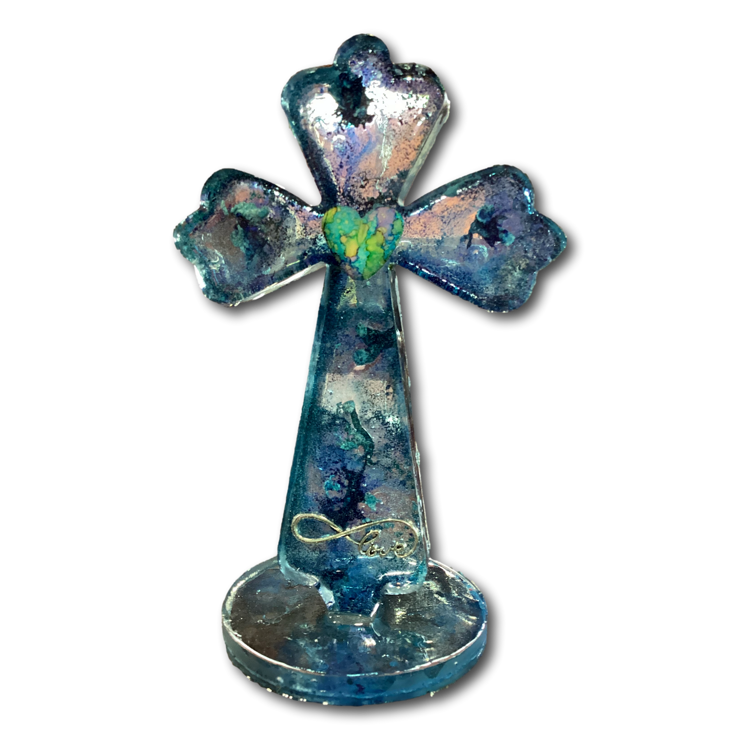 Blue resin love cross standing decor, 3x7 inches, Catholic Christian devotional plaque by Brigitte Rosson, features a standing cross with love design.