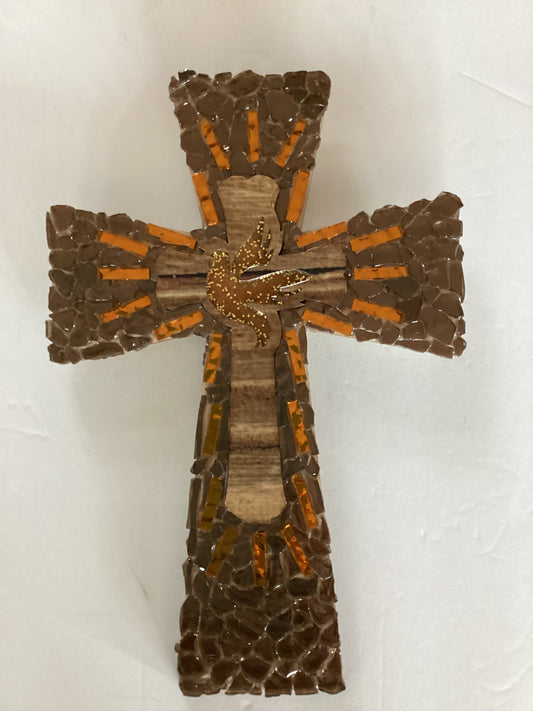 Holy Spirit glass cross wall décor by Brigitte Rosson, 12 x 11 inches, Catholic Christian gift with elegant glass design.
