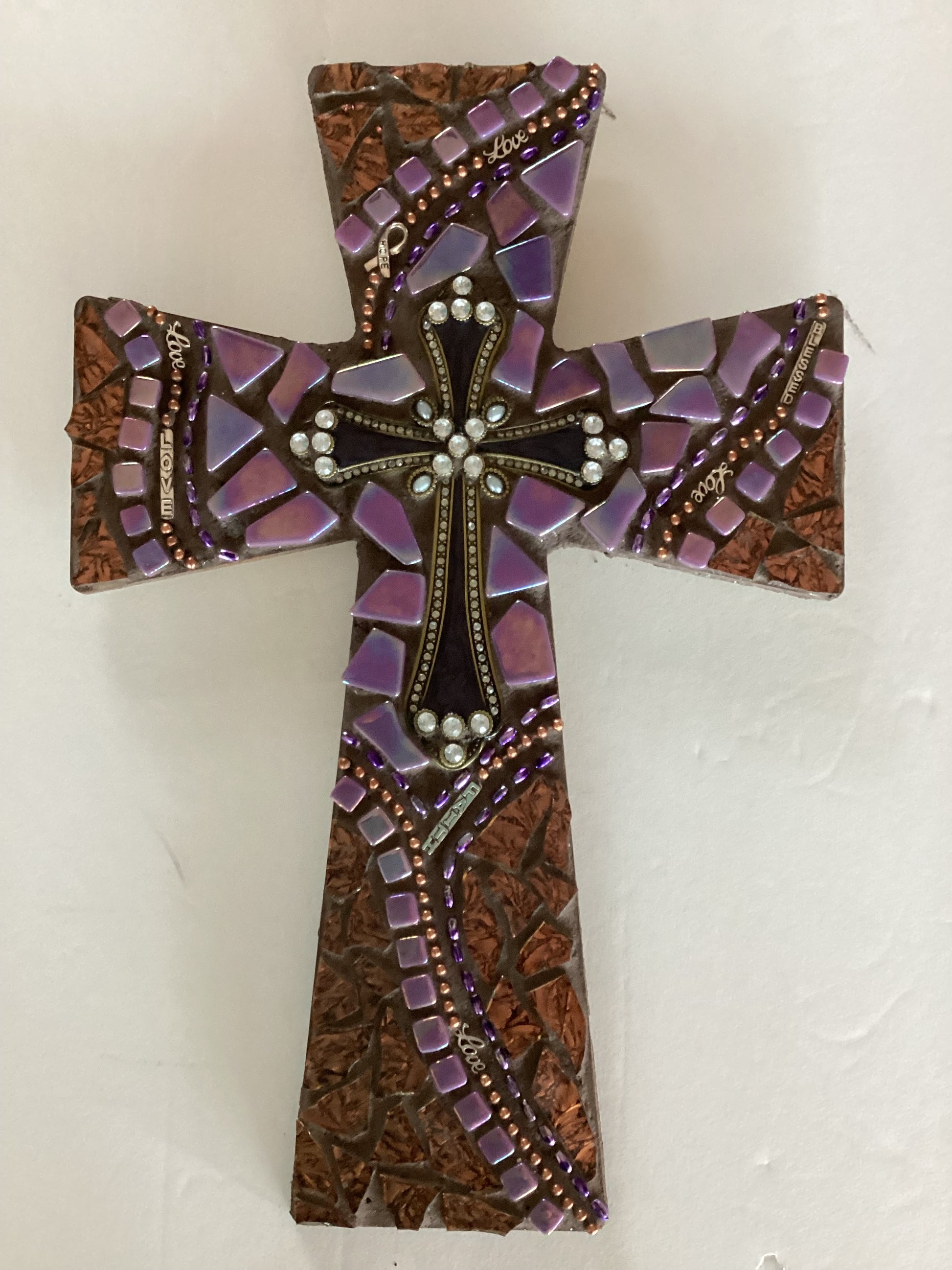 Purple mosaic cross with inspirational message, Catholic Christian gift, 12 x 8 inches, by Brigitte Rosson.
