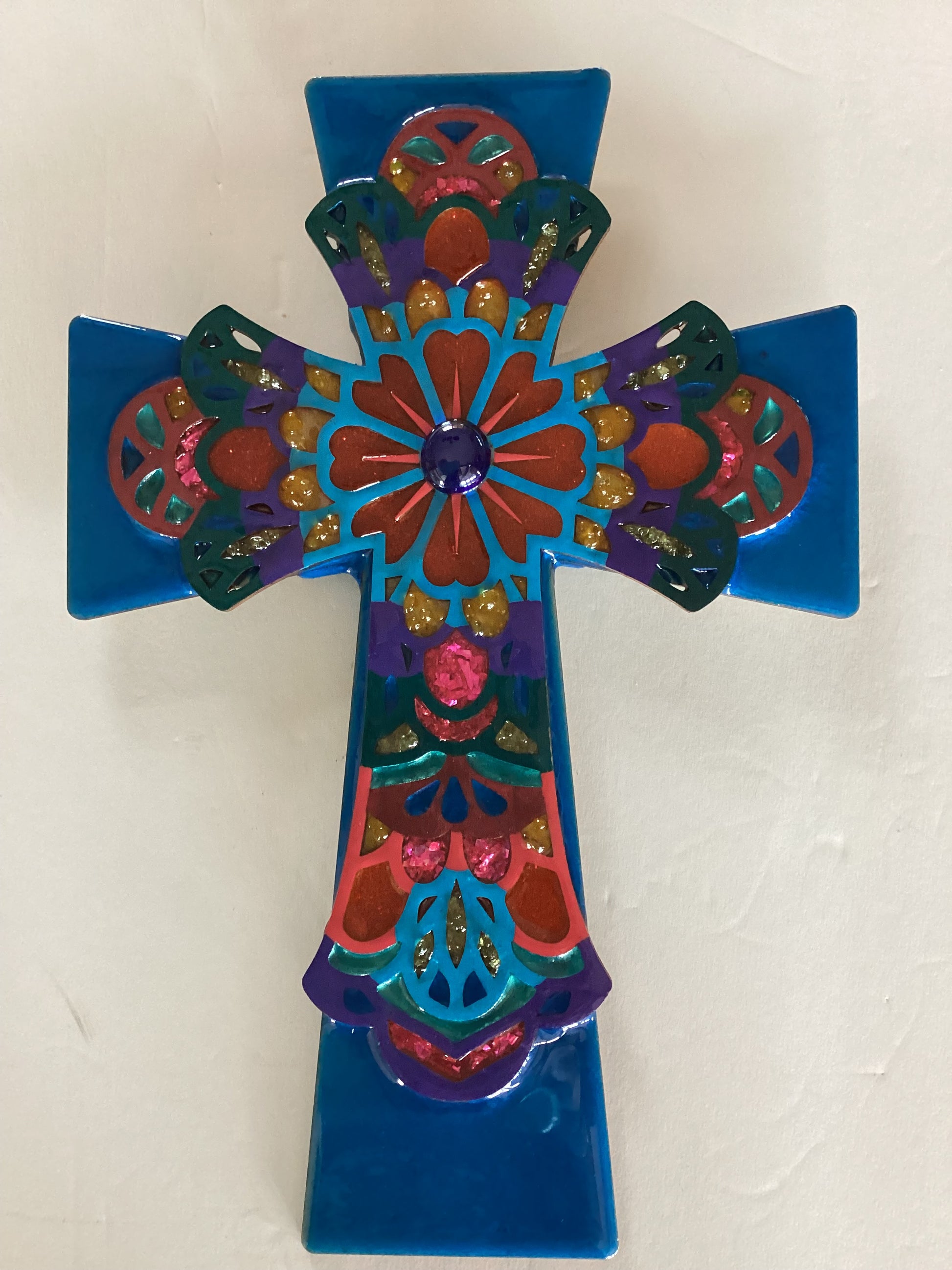 Multi-color resin cross wall art by Brigitte Rosson, Catholic Christian gift, 12x8 inches, decorative religious wall decor piece.