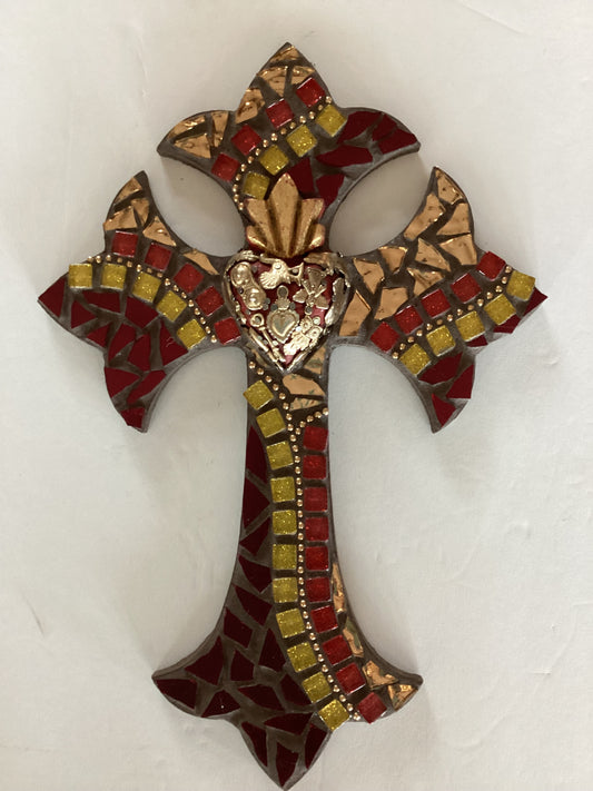Red and gold mosaic Catholic cross with a wooden heart, 12x8 inches, Christian gift from Brigitte Rosson.