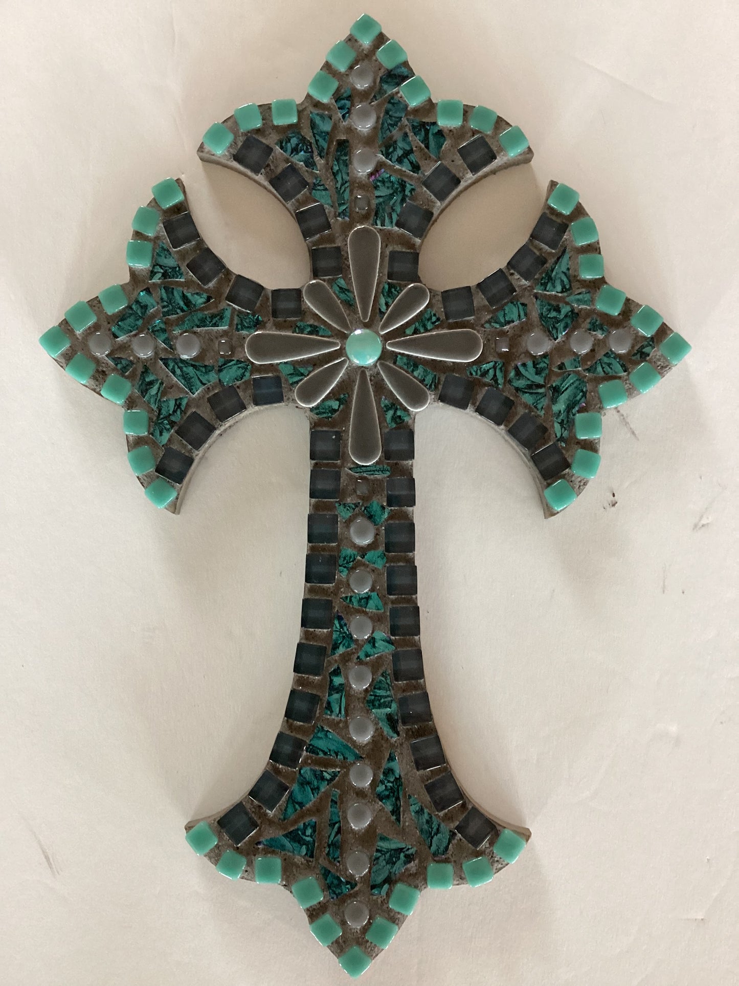 Teal and grey mosaic cross on wood, Catholic Christian gift by Brigitte Rosson, 12 x 8 inches, decorative religious wall art.