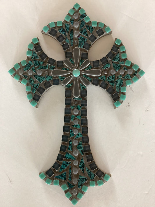 Teal and grey mosaic cross on wood, Catholic Christian gift by Brigitte Rosson, 12 x 8 inches, decorative religious wall art.