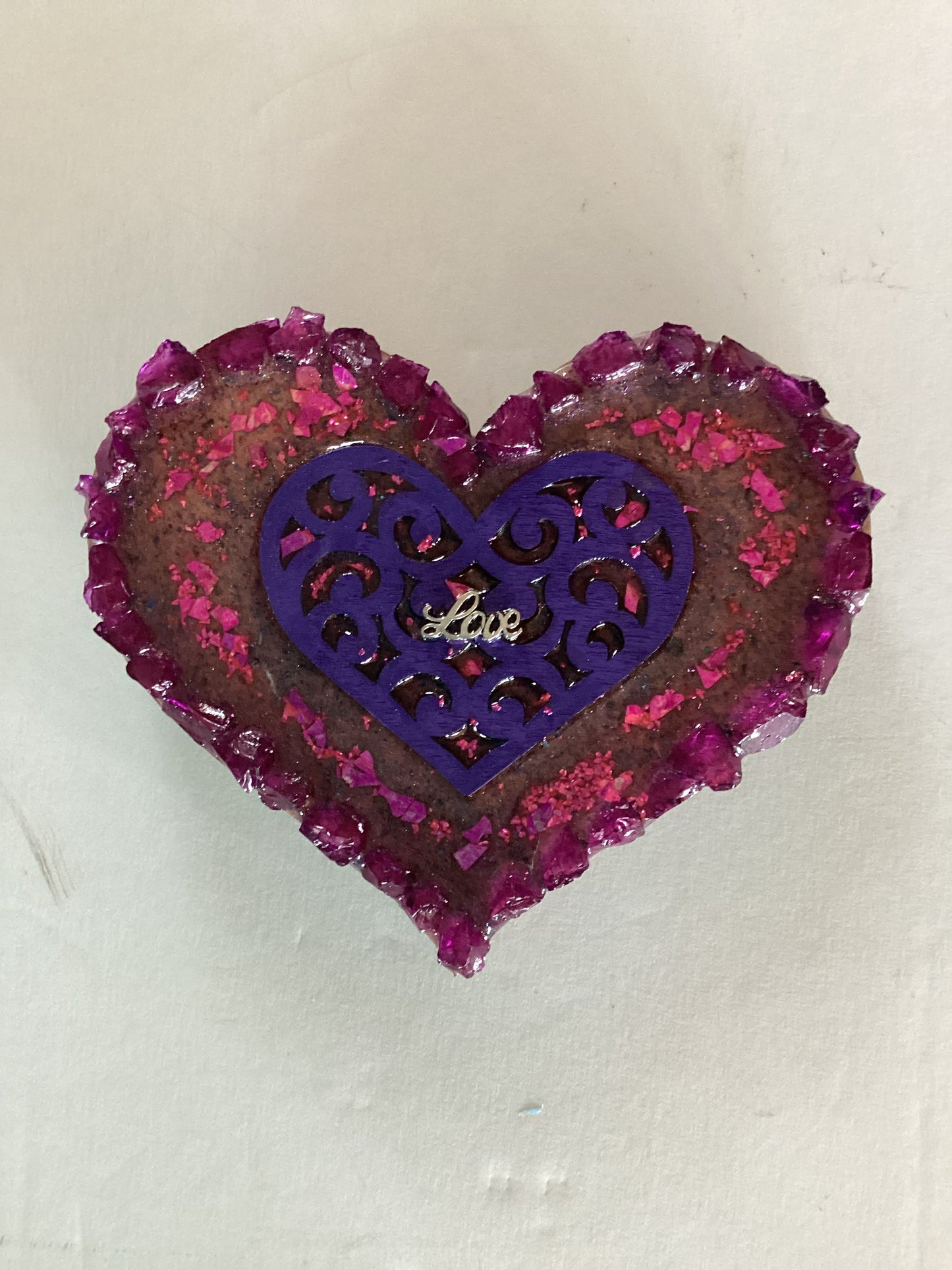 Double heart wood and resin love magnet by Brigitte Rosson, Catholic Christian gift, refrigerator décor, 3x4 inches