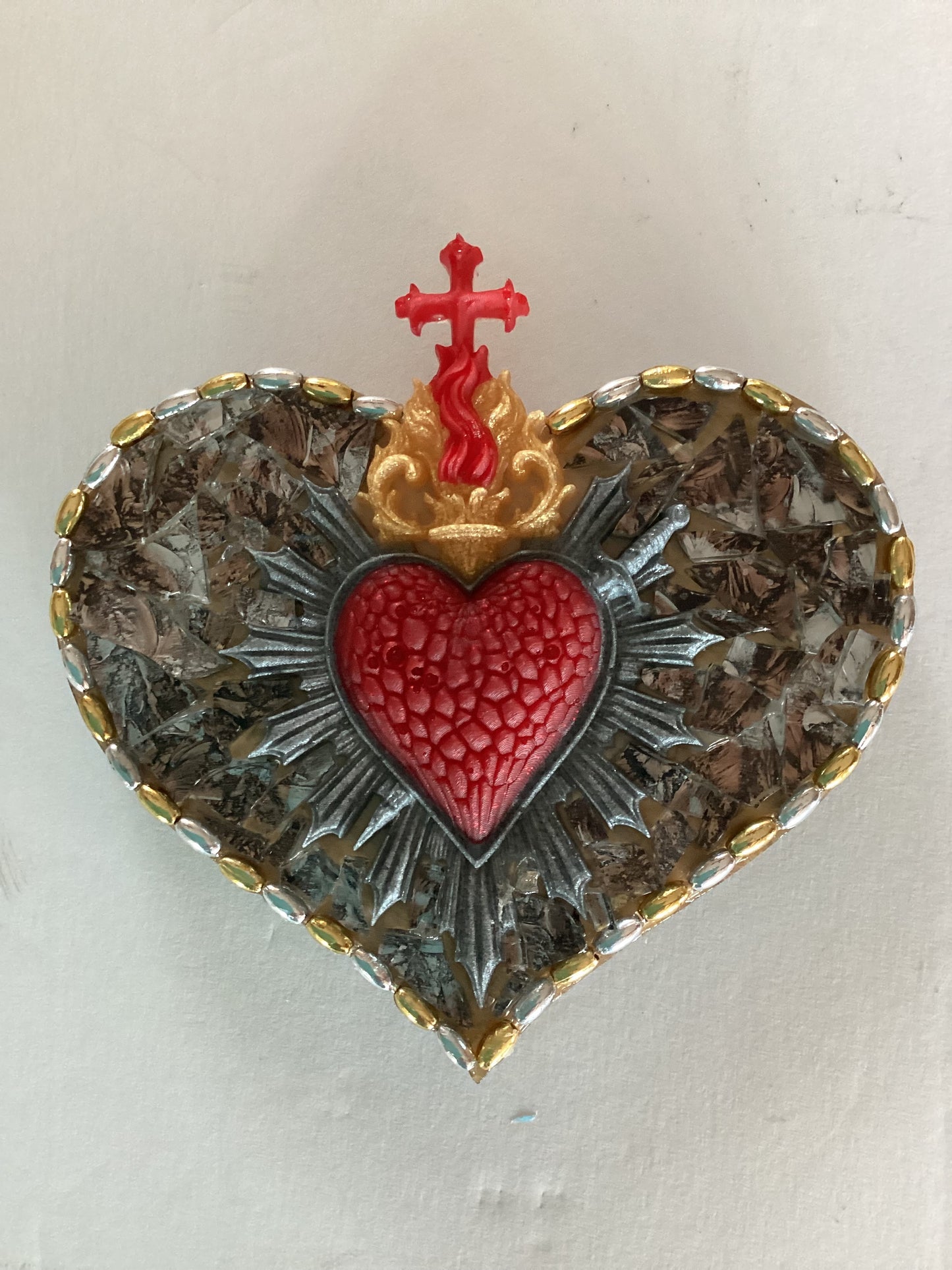 Catholic Sacred Heart glass magnet on wood, 3x4 inches, Christian gift featuring religious imagery, by Brigitte Rosson.