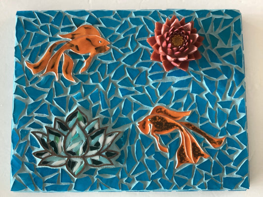 Koi mosaic wall cross with lotus flowers by Brigitte Rosson, decorative home plaque, 14 x 11 inches, vibrant ceramic design