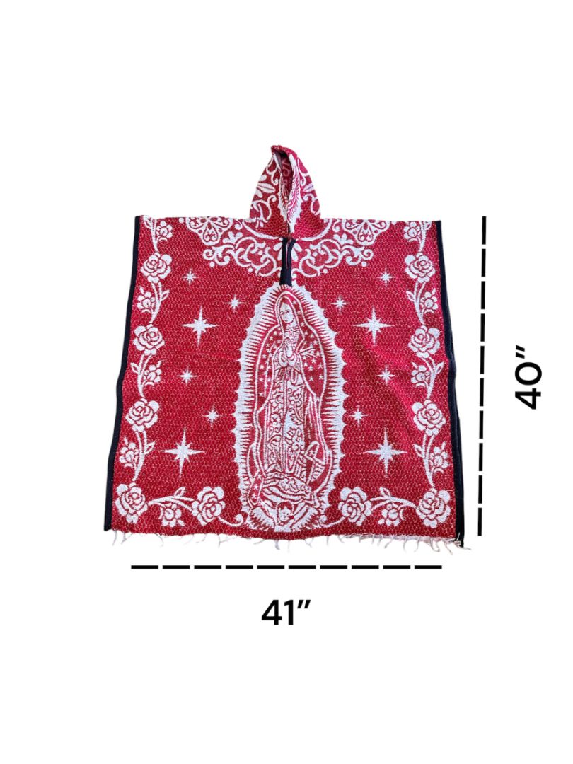 Our Lady of Guadalupe Hooded Poncho - Traditional Mexican Embroidered Poncho with Hood