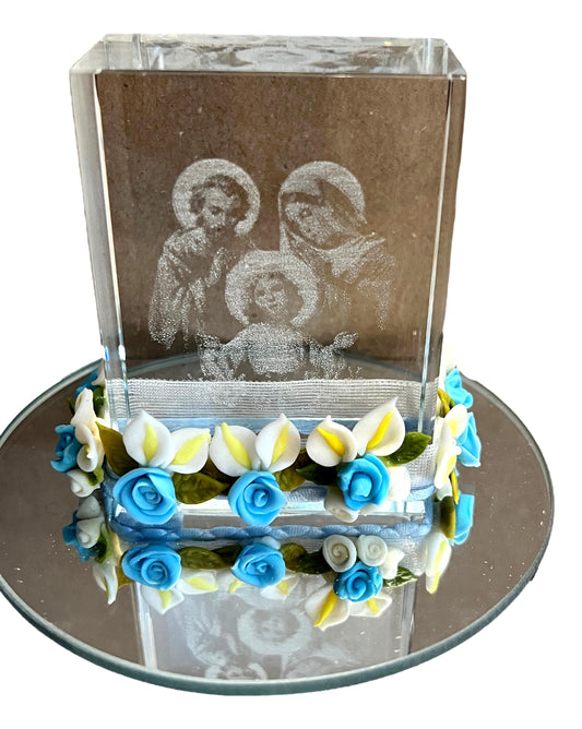 Laser Cut Crystal Clear Cube – Holy Family with Flower Accent Tabletop Decor 2.5"x3"