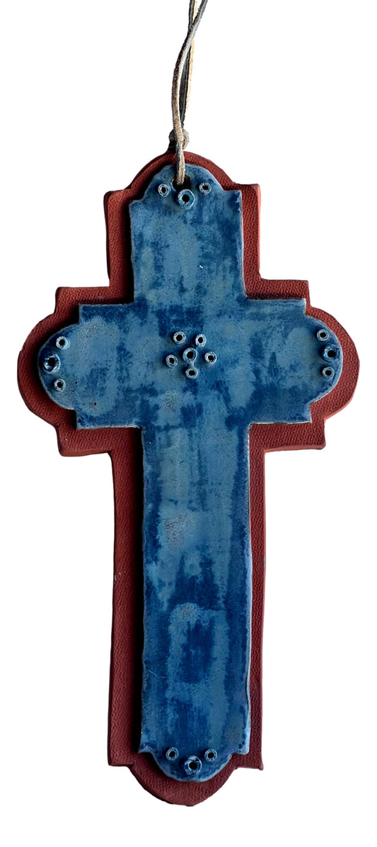 Clay Cross in Blue - Handcrafted Religious Wall Hanging Décor - Ysleta Mission Gift Shop