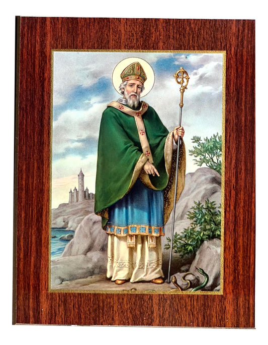 Saint Patrick Wood Plaque – Handcrafted Religious Art 9" x 7"