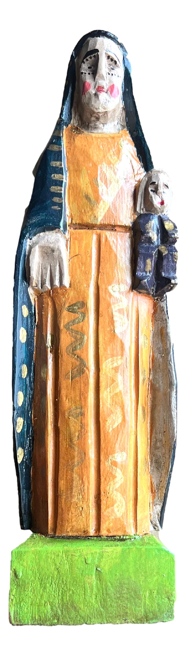 Virgin Mary and Child Handcarved Wood Statue - 15" x 4" Guatemalan Craft