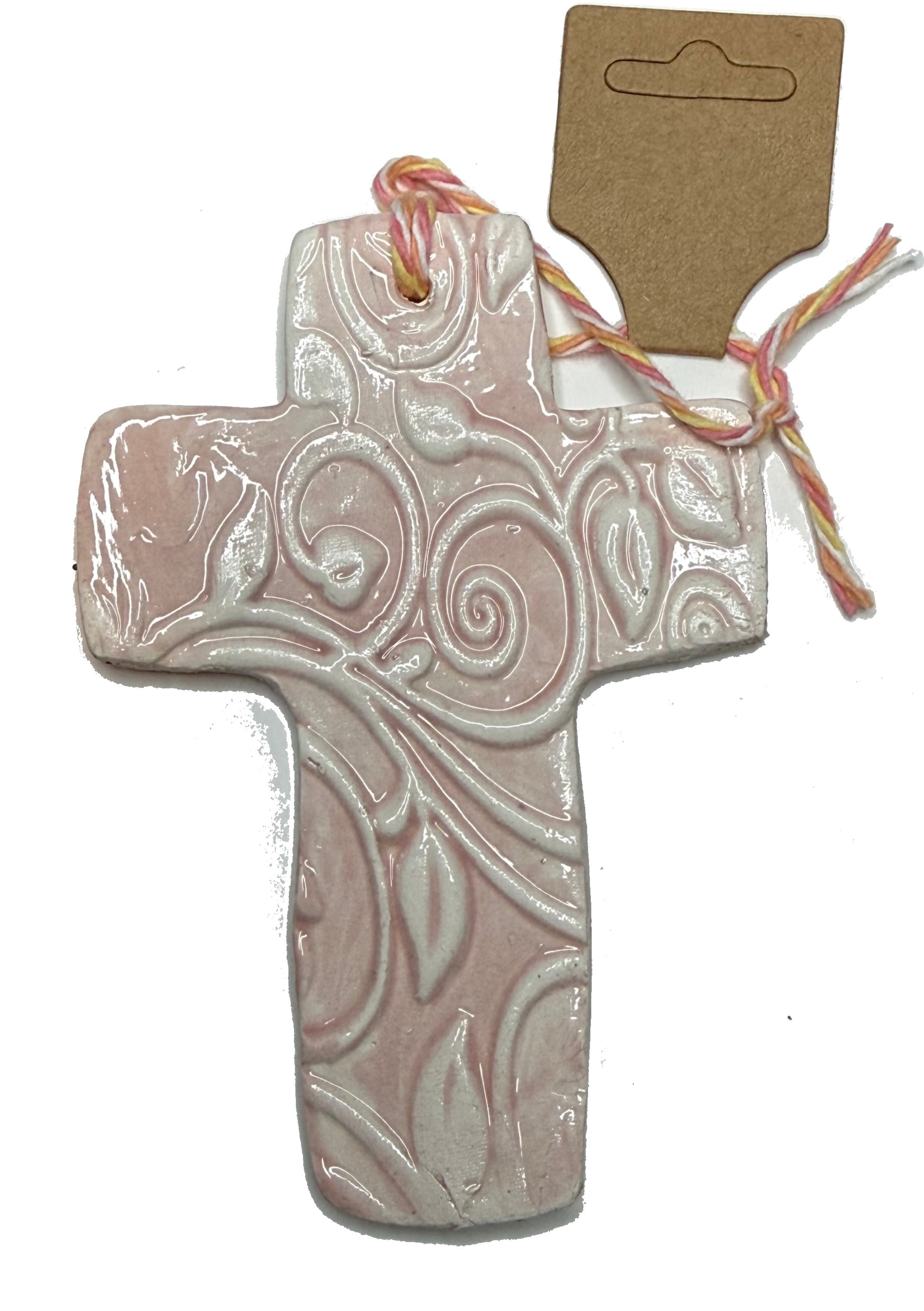 Pink leaves ceramic crosses by Lorena Williams, featuring delicate pink leaf patterns on smooth ceramic crosses.