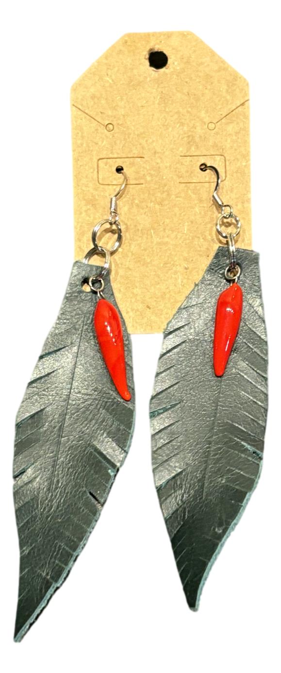 Green Leather Earrings with Red Chiles - Handmade Southwest Jewelry - Ysleta Mission Gift Shop