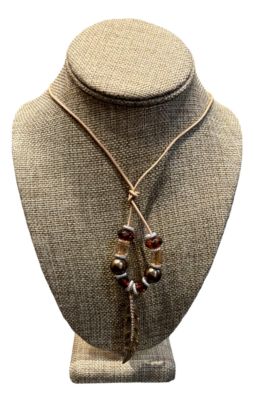 Brown and Clear Bead Necklace with Silver Feather Pendant on Leather Cord - Handmade Boho Jewelry - Ysleta Mission Gift Shop