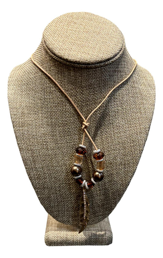 Brown and Clear Bead Necklace with Silver Feather Pendant on Leather Cord - Handmade Boho Jewelry - Ysleta Mission Gift Shop