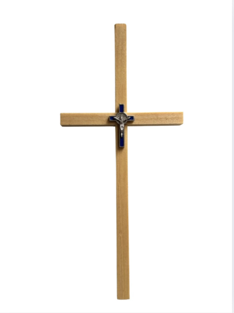 Pine Wood Cross with Ornate Crucifix Center – Handcrafted Religious Art