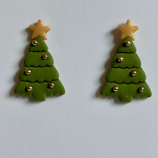 Polymer Clay Christmas Tree Stud Earrings, Gold Plated Posts