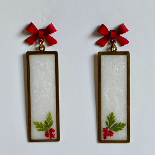 Resin Holly Dangle Earrings, Brass Bezel, Red Bow Stud Posts