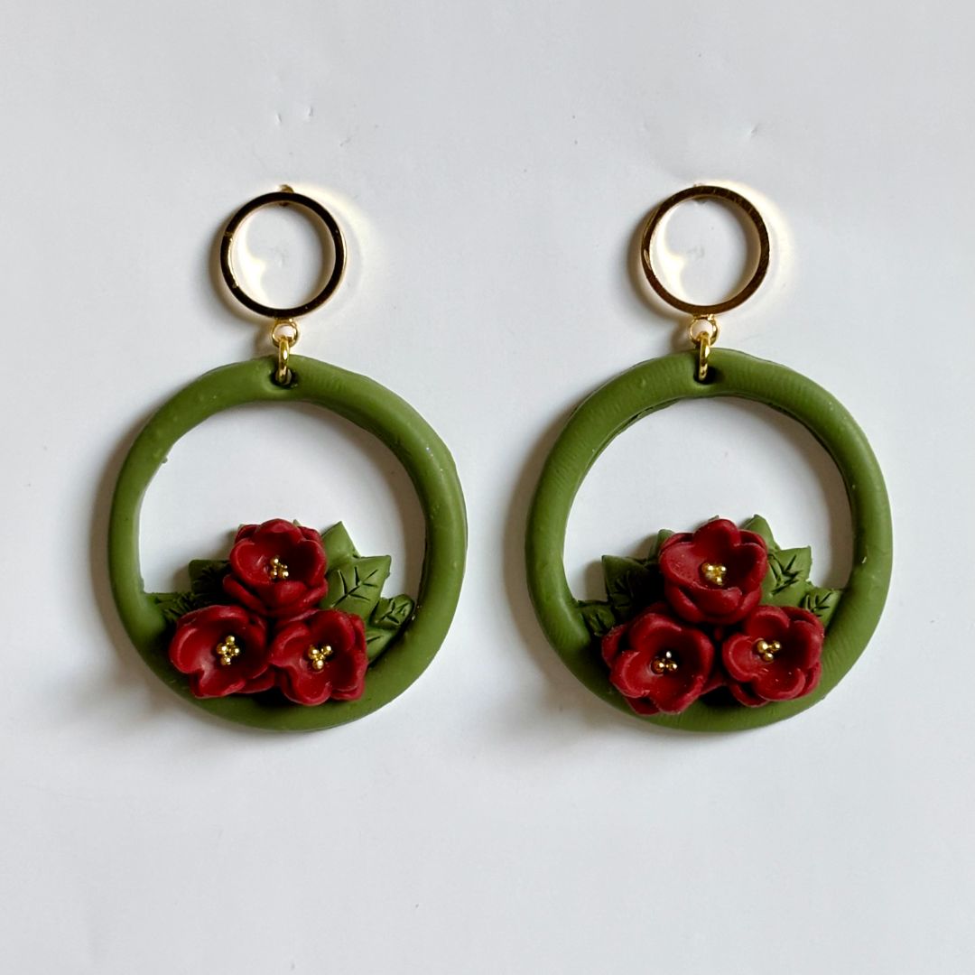 Polymer Clay Poinsettia Wreath Dangle Earrings, Gold Stud Posts