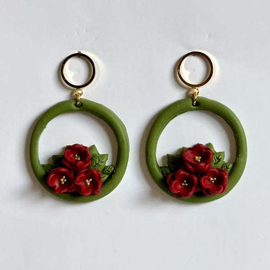 Polymer Clay Poinsettia Wreath Dangle Earrings, Gold Stud Posts