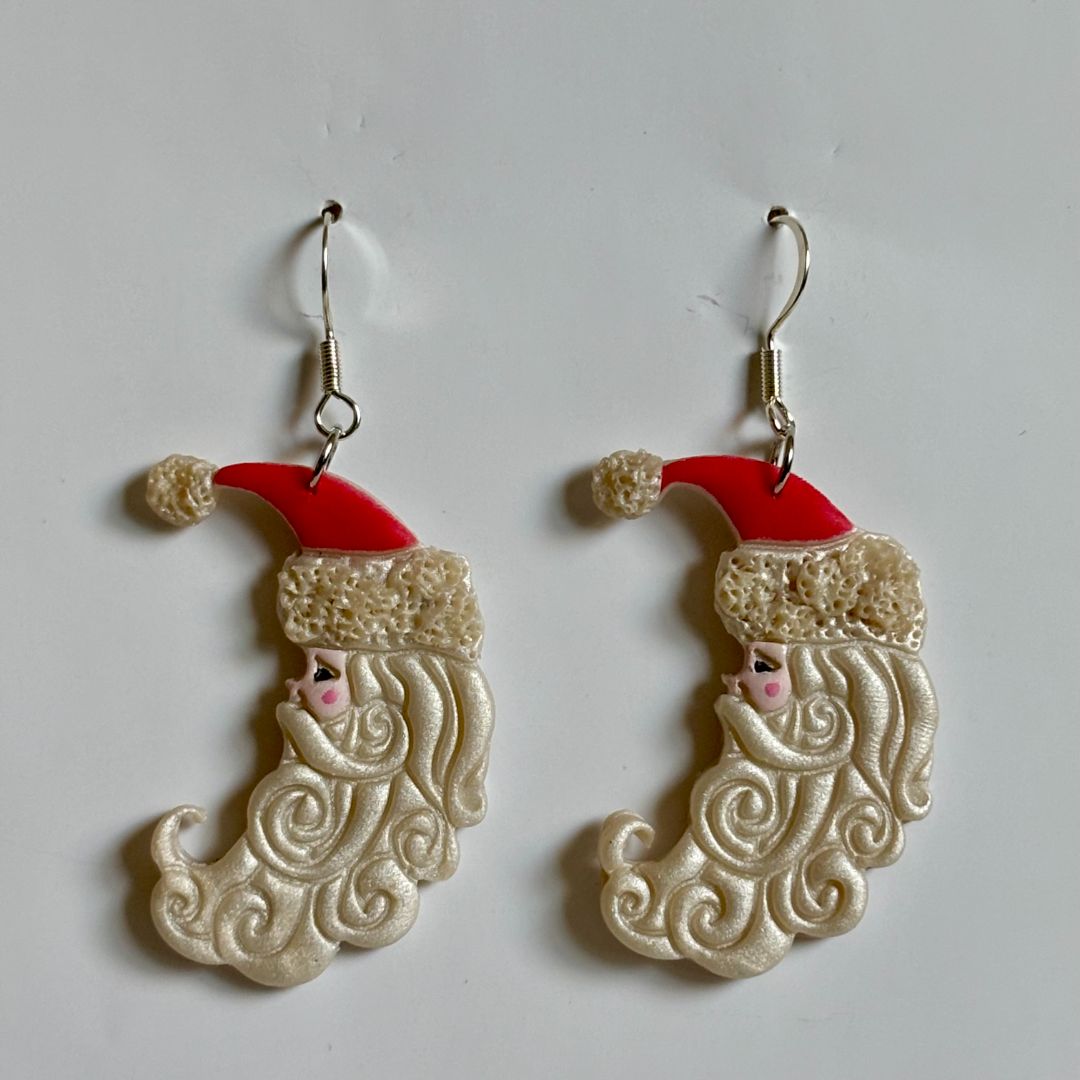 Handcrafted Clay Santa Moon Dangle Earrings, Nickel-Free Brass Hooks